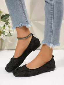 Minimalist Women's Hollow Lace Ballet Flats, Square Toe Breathable Daily Commute Flat Shoes - Black - View 2