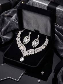 Set Perhiasan Pengantin 3 Buah Kalung & Anting Perak, Aksesori Pesta Pernikahan Elegan - Perak - View 7