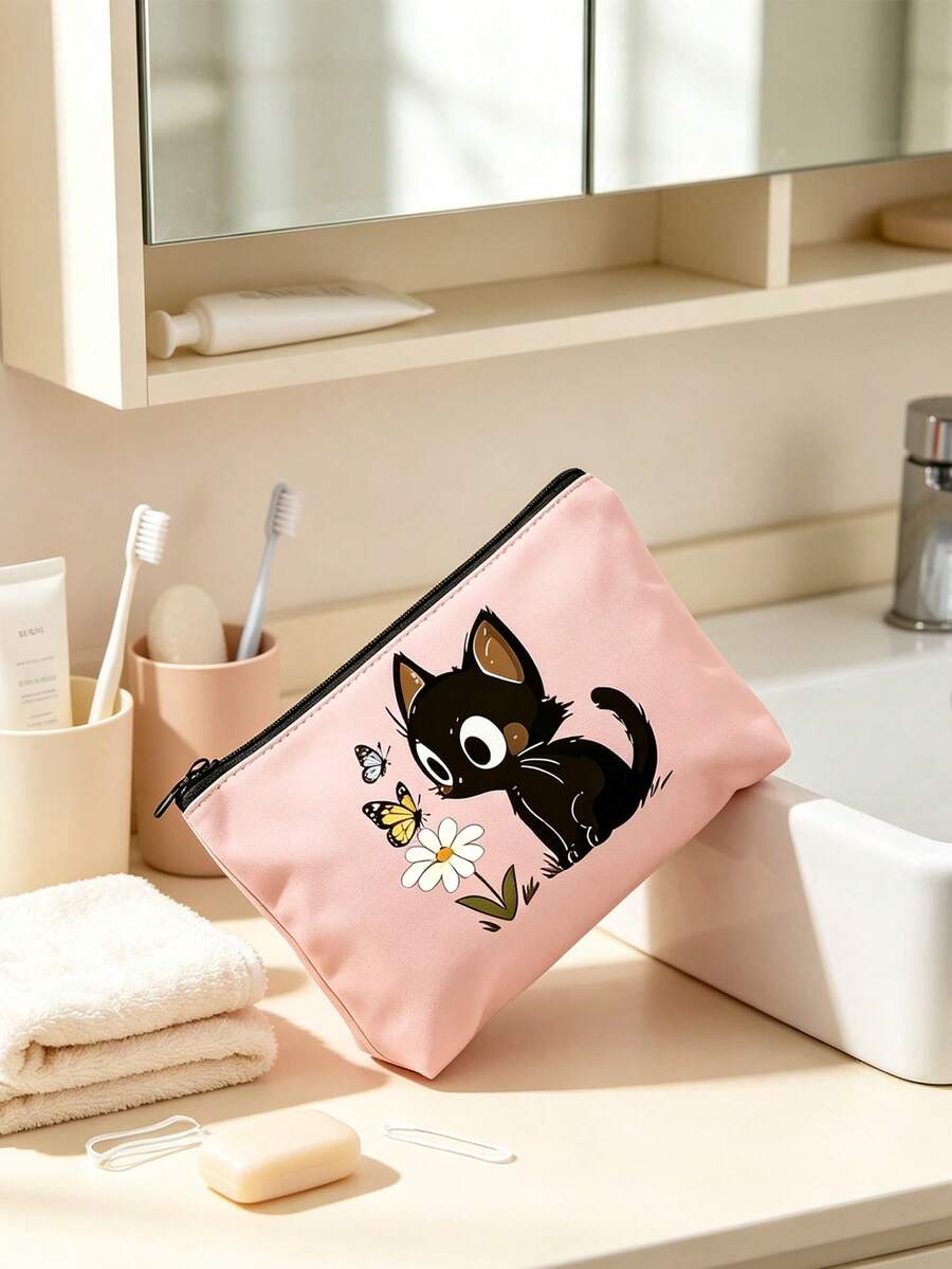 Cute Cat Pattern Handbag, Daily Toiletries Makeup Bag, Zipper Makeup Bag, Storage Bag, Lightweight Travel Storage Bag, Small Storage Bag, Easy To Categorize, Easy To Carry, Suitable For Daily Use, Commuting, Back To School Season, Stationery Storage, Cosmetics Storage, Perfect Daily Gift For Family And Friends - Multicolor - View 1