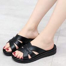 Sandalias de suela gruesa con talón de mujer,zapatillas de casa de un solo color para mujer, antideslizantes y resistentes al desgaste, ideales para madres de mediana edad - Negro - Ver 2