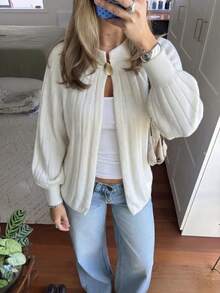 Women's Knitted Long Sleeve Cardigan, Stand Collar Design, Gold Button Detail, Suitable For Autumn Wear - Beige - View 2