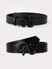 1/2pcs Gothic Style Men's Black PU Belt, Vintage Snake Buckle With Stitching Detail Casual Leather Belt - Gothic Belt - View 1