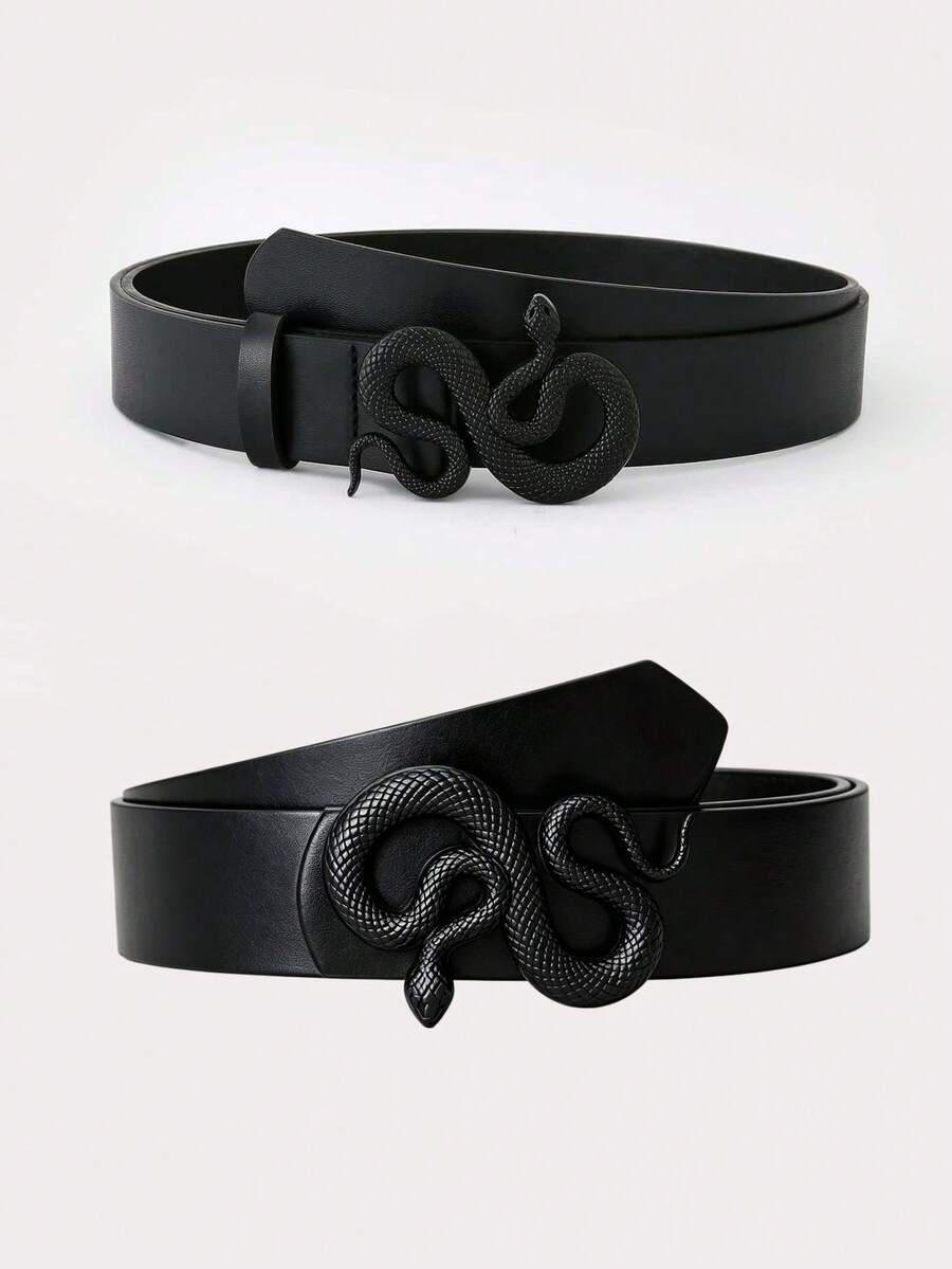 1/2pcs Gothic Style Men's Black PU Belt, Vintage Snake Buckle With Stitching Detail Casual Leather Belt - Gothic Belt - View 1