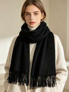 1pc Autumn/Winter Warm Solid Color Scarf, Minimalist Versatile Neck Warmer Shawl, Multiple Colors Available - Black - View 2