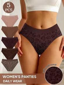 MEIYATING 5pcs Women's Low Waist Seamless Panties, Leopard Print, High Elasticity, Skin-Friendly - Multicolor - View 2