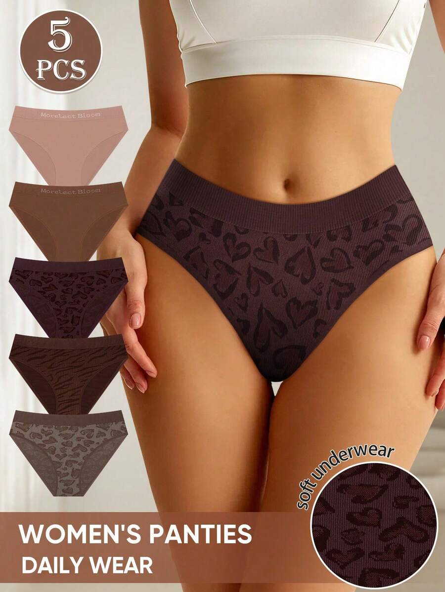 MEIYATING 5pcs Women's Low Waist Seamless Panties, Leopard Print, High Elasticity, Skin-Friendly
