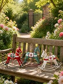 Vintage American Style Tin Rocking Horse Pendant, Red White Green Printed With Bell, Christmas Tree Holiday Decoration Hanging Ornament, Soft Home Decor - Multicolor - View 5