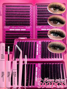 640/200pcs D-Curl Single Lash Extensions Large Capacity Lash Book, Includes Adhesive And Sealer, Tweezers, Brush, DIY Home Lash Extension Kit For Beginners, Easy To Use, Fluffy Dense Natural Look, Suitable For Daily/Light/Heavy/Cosplay Makeup - Rose Red - View 2