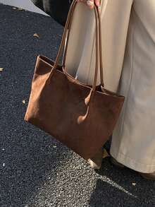 2026 Spring New Coffee Color Velvet Vintage Large Capacity Shoulder Bag, Underarm Bag, Handbag, Business Women Casual Style - Coffee Brown - View 6