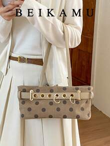 1pc Polka Dot Pattern Suede Tote Bag, Strap Metal Eyelet Decor Shoulder Bag Baguette Bag, Suitable For University, Commute, Shopping, Street Shopping, Daily Use - Khaki - View 7