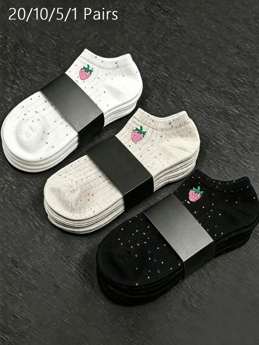 20/10/5/1 Pairs Women's Embroidered Short Invisible Socks, Multi-Color Cartoon Style, Breathable Moisture-Wicking Soft, Suitable For All Seasons And Multiple Occasions, Fresh Strawberry Embroidery - Multicolor - View 1