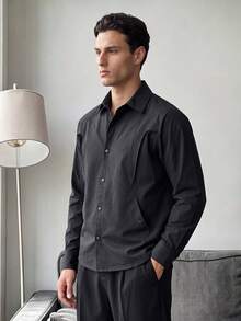 Men's Raglan Sleeve Functional Button Shirt, Pure Black Lightweight Windbreaker Style Long Sleeve Shirt - Black - View 8