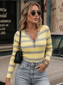 ChicMe Sweater Pullover Wanita Lengan Panjang Model Slim Fit Rajut Bergaris dengan Kancing Emas, Gaya Kasual Sehari-hari. - Kuning - View 4