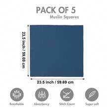 5 Packs Large Muslin Burp Cloths, Soft Baby Receiving Blanket For Boy, Girl, 23.5" X 23.5" Absorbent Milk Spit Up Rags, Newborn Essentials - Blue - 5pcs - View 6