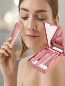Set 5 Kuas Makeup Praktis dengan Cermin, Gagang Plastik untuk Genggaman Nyaman, Termasuk Kuas Alas Bedak, Kuas Blending Eyeshadow, Kuas Bibir, Alat Makeup Wajah Ringkas, Hadiah Ideal untuk Teman - Baby Pink - View 14