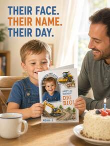 Customized Photo & Text Construction Birthday Card, Includes Child's Photo, Name And Age, Excavator & Construction Site Theme, Suitable For Construction Themed Birthday Party, Special Commemorative Gift For Boys - Multi-color - View 9
