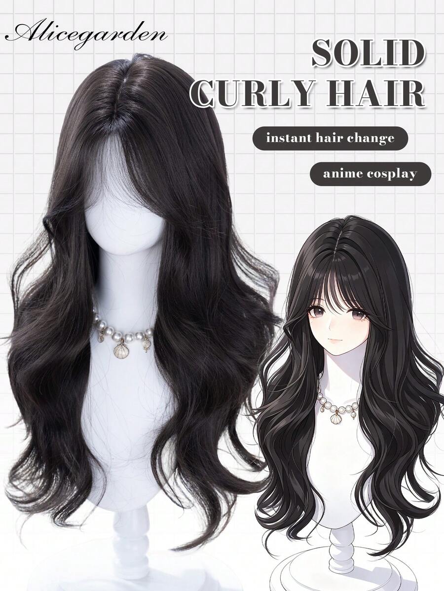 alicegarden Wig sintetis sepanjang 28 inci dengan gaya bergelombang alami berwarna hitam yang menawan. Desain belahan tengah, wig palsu ini sangat cocok untuk penggunaan sehari-hari, pesta, dan cosplay, menawarkan wig alami dan tahan lama sebagai hadiah untuk para wanita. (Tidak termasuk aksesoris) - Hitam - View 1