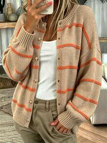 Plus Size Women's Colorblock Striped Knit Cardigan, Round Neck Button-Up Loose Chunky Knit Sweater - Khaki - View 3