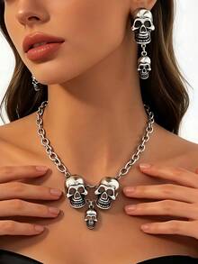 2pcs/Set Women's Vintage Gothic Distressed Silver Chunky Chain Three Skull Pendant Collarbone Necklace & Double Layer Skull Earrings Jewelry Set, Dark Personalized Skull Necklace & Earrings Combination, Suitable For Halloween Party, Gothic Theme Ball, Gathering Outfit - Antique Silver - View 1