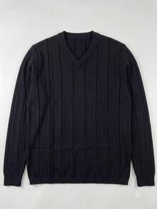 Men's Solid Color V-Neck Ribbed Knit Pullover Sweater - Black - View 4