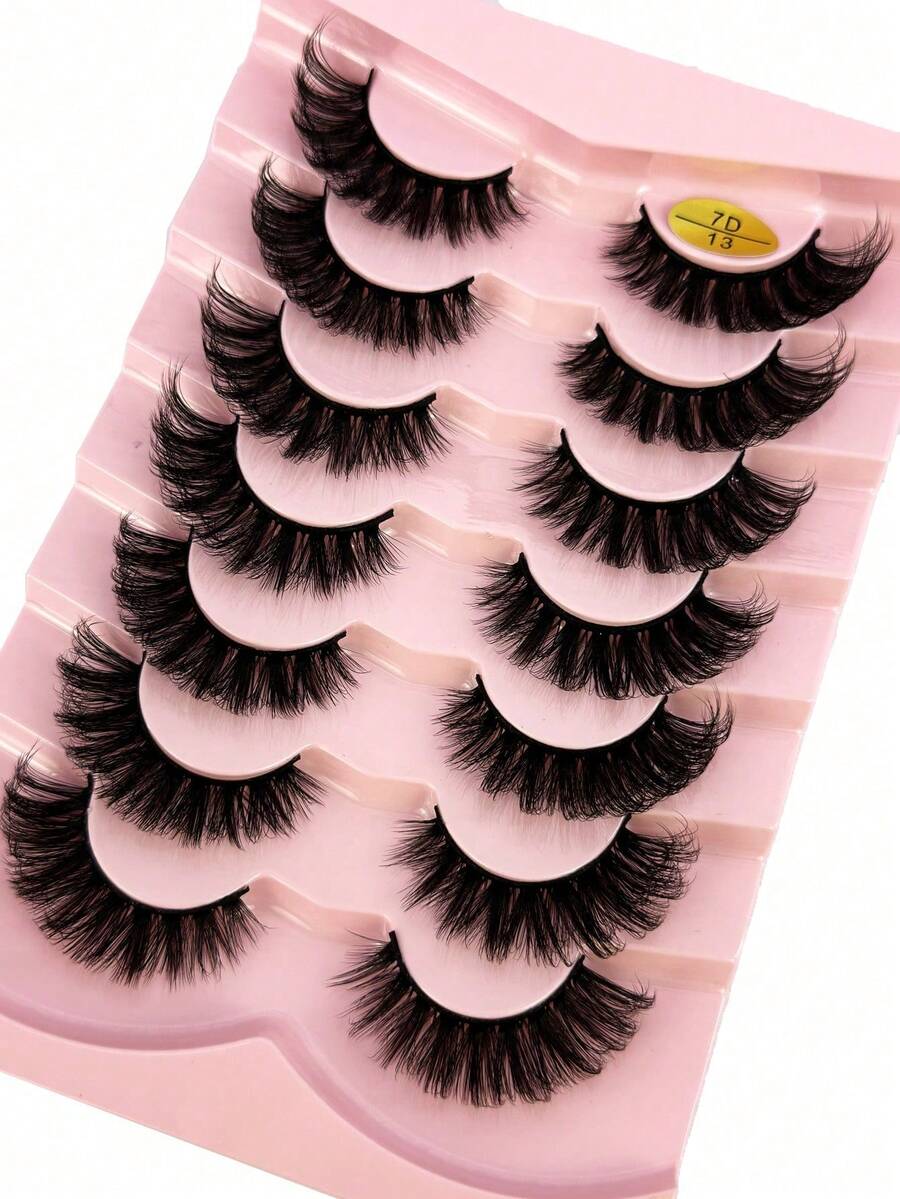 7 Pairs 3D Transparent Stem Faux Mink False Eyelashes - Black - View 1