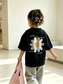 Baby Girls' Minimalist Doodle Daisy Print Round Neck Short Sleeve Cute Top - Black - View 2