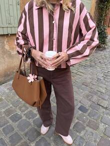 Women's Vertical Striped Loose Shacket, Lapel Long Sleeve Button-Up Casual Outerwear, Y2K Street Style Outing Jacket - Pinkish Brown - View 2