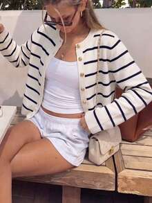 Women's Striped Gold Button Cardigan Sweater, White Long Sleeve, Medium Stretch, Regular Fit, Autumn/Winter - Black and White - View 7