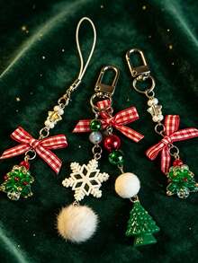 New Christmas Tree Phone Lanyard Crystal Beads Red Plaid Bow Keychain Christmas Gift Bag Charm - Multicolor - View 3