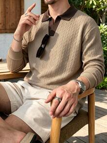 Men's New Fashionable Textured Herringbone Wheat Jacquard Long Sleeve Polo Sweatshirt, Minimalist Elegant Daily Wear - Khaki - View 3