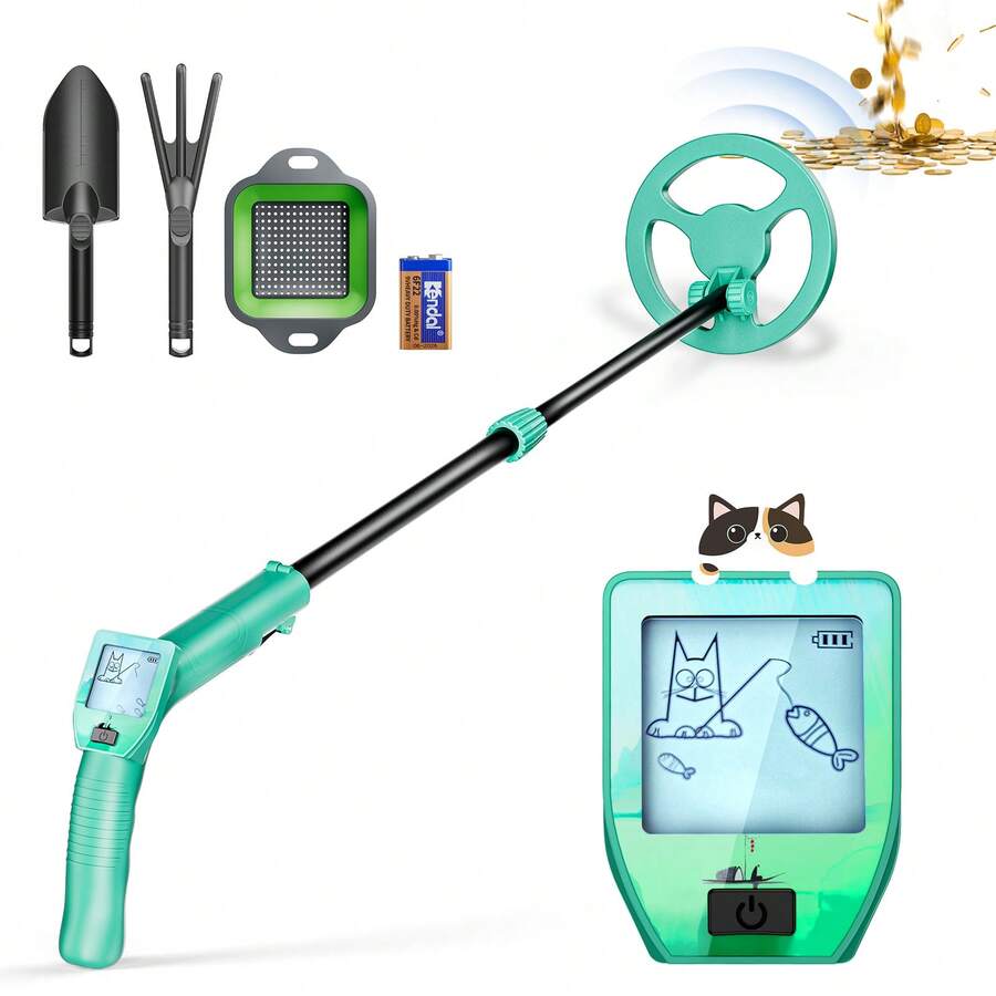 Metal Detector For Tennagers, Small Metal Detector With Waterproof Search Coil And LCD Screen, Adjustable Length 66-83 Cm, Metal Detector Tennagerswith Rake And Shovel For Metal Search (Green) - Mint Green - View 1