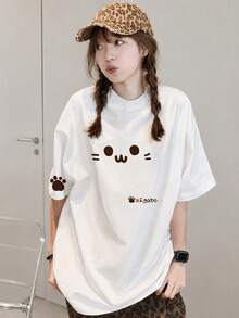 Japanese Style Women Loose Round Neck Casual Cartoon Cat & Letter Print Short Sleeve T-Shirt, Spring/Summer White - White - View 2