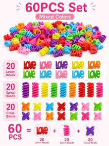 60pcs Girls Hair Beads Set, 3 Mixed Colors, Heart Letter Spiral X-Shaped Braiding Accessories, Suitable For Children And Teenagers - Multicolor - View 3