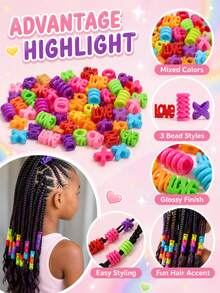 60pcs Girls Hair Beads Set, 3 Mixed Colors, Heart Letter Spiral X-Shaped Braiding Accessories, Suitable For Children And Teenagers - Multicolor - View 6
