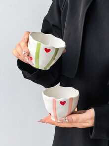 1pc Classic Colorful Striped Heart Handheld Coffee Mug, Ins Style Personalized Hand-Painted Ceramic Cup, Exquisite Highly Attractive Tea Cup, Suitable For Espresso And Tea - Multicolor - View 9