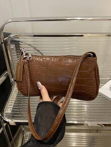1件新款時尚百搭紋理單肩腋下包，適合約會、外出、派對等場合，女款純色錢包，鱷魚紋隨機位置 - 咖啡 - 查看 9