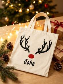Custom Name Reindeer Antlers Print Canvas Tote Bag, Personalized Christmas Rudolph Pattern Shoulder Bag, Gift For Christmas Lover - Multicolor - View 4