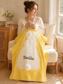 1pc Customized Name Embroidered 3D Rabbit Applique Knitted Blanket, Shaped Pattern With Pom Pom Tail And Ribbed Hem, 3 Colors Available, Suitable For Home Space, Sofa Bedroom Living Room Decorative Blanket, Ideal Holiday Gift For Family Members - Multicolor - View 7