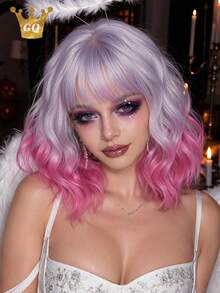 12 Inch Ombre Lilac To Pink Short Wavy Bob Wig For Women Straight Bangs Heat Resistant Synthetic Wig Colorful Cosplay Wig For Halloween Costume Party Carnival - Multicolor - View 1