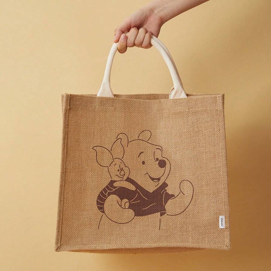 Miniso Disney Winnie The Pooh Jute Tote Bag, Cartoon Print Reusable Handbag, Large Capacity Lunch Bag, Suitable For Daily Use, Picnic And Travel - View 1