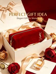 Yves Saint Laurent YSL Saint Laurent Luxury Burgundy Velvet Makeup Bag With Gold Foil Logo, Compact Portable Zippered Cosmetic Pouch - Wine Red Red Envelope - View 1