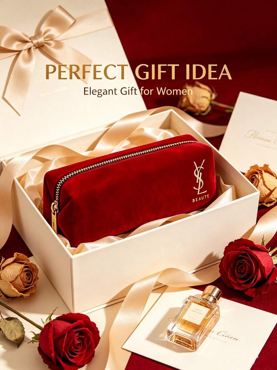 Yves Saint Laurent YSL Saint Laurent Luxury Burgundy Velvet Makeup Bag With Gold Foil Logo, Compact Portable Zippered Cosmetic Pouch - Wine Red Red Envelope - View 1