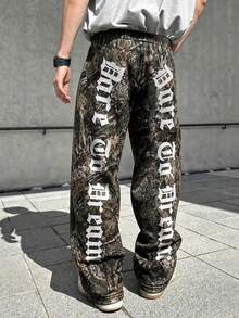 Zrgoth Men's Jungle Camo Gothic Font Print Loose Wide Leg Pants, Hip Hop Street Casual Long Pants - Black - View 1