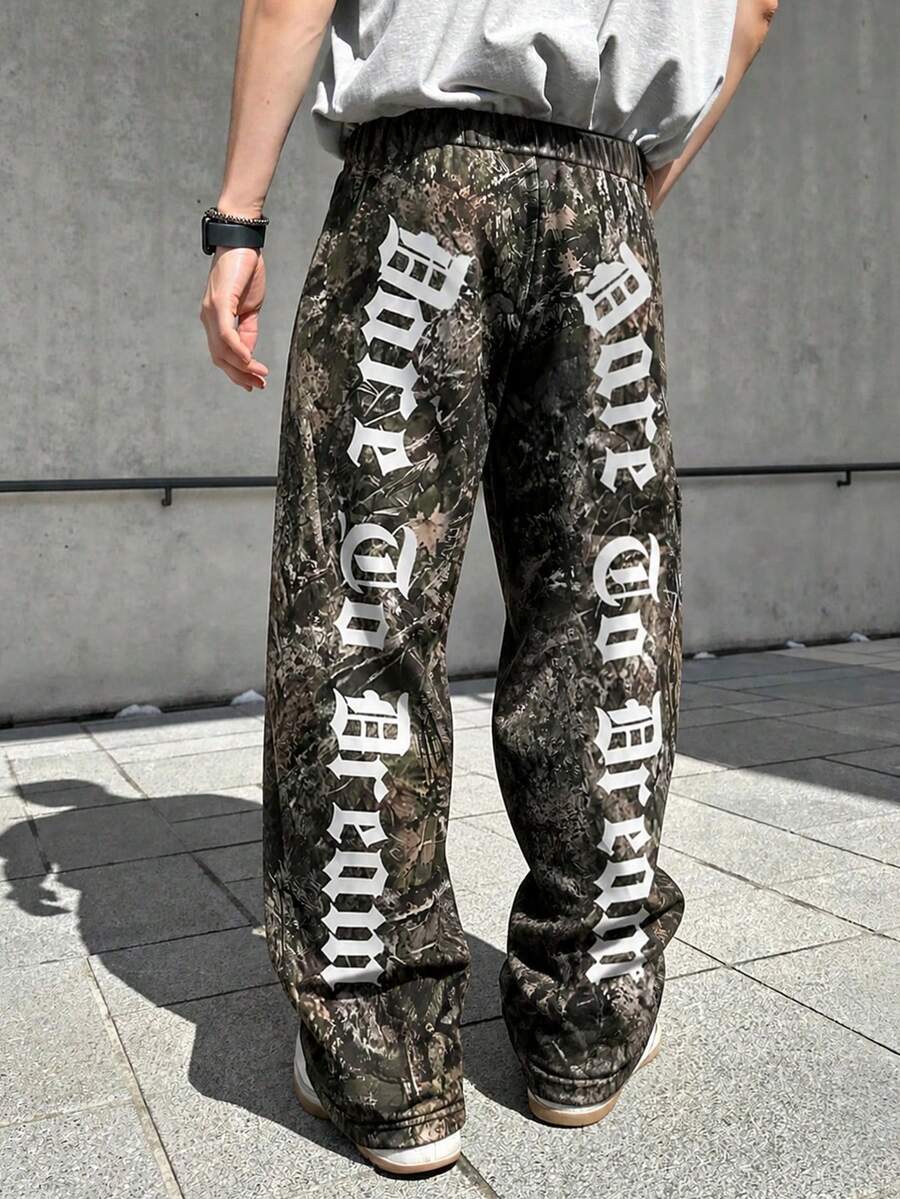 Zrgoth Men's Jungle Camo Gothic Font Print Loose Wide Leg Pants, Hip Hop Street Casual Long Pants - Black - View 1