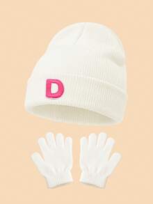 Set 2 Buah Topi Rajut Lipat Bergaris Putih dan Sarung Tangan Tanpa Jari, Bordir Huruf Personalisasi 26 Pilihan, Kain Elastis Ramah Kulit Dapat Dicuci, Cocok untuk Paduan Pakaian Musim Gugur/Musim Dingin Anak Perempuan - Putih - View 31