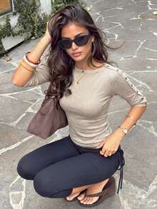 Aflion Women Fall Apricot Decorative Button Knit Top, Boat Neck 3/4 Sleeve Slim Fitted Short Blouse For Daily Commute Date Casual Outfits - Apricot - View 1