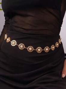 1pc Bohemian Style Gold Geometric Round Metal Chain Waist Chain With White Pearl Inlay And Flower Pendant, Fashionable Versatile Daily Party Personalized Body Chain, Gift For Best Friends And Family - Gold - View 2