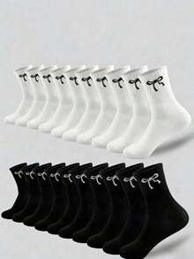 20/10/5/1 Pairs Unisex Versatile Sports Casual Classic Bow Pattern Women's Socks, Sweat-Absorbent Breathable Mid-Calf Soft Socks, Couple Socks Suitable For Daily Wear [20/10/5/1 Pairs] - Black and White - View 12