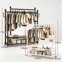 Double‑Rod Metal Garment Rack With Wheels, Thickened Clothes Drying Rack, Freestanding Movable Clothes Hanger Stand, With Double‑Tier Bottom Storage Shelves & Side Hooks, Bonus Hangers Included, For Bedroom Entryway Household Clothes Storage - Multicolor - View 4