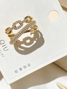 1pc Fashionable Exquisite Cross Chain Ring, Light Coffee Gold Electroplated Zirconia Minimalist Ring - Cross- Ring - View 2